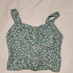 Monteau Los Angeles | Floral Linen Green Crop Top | Sz XL